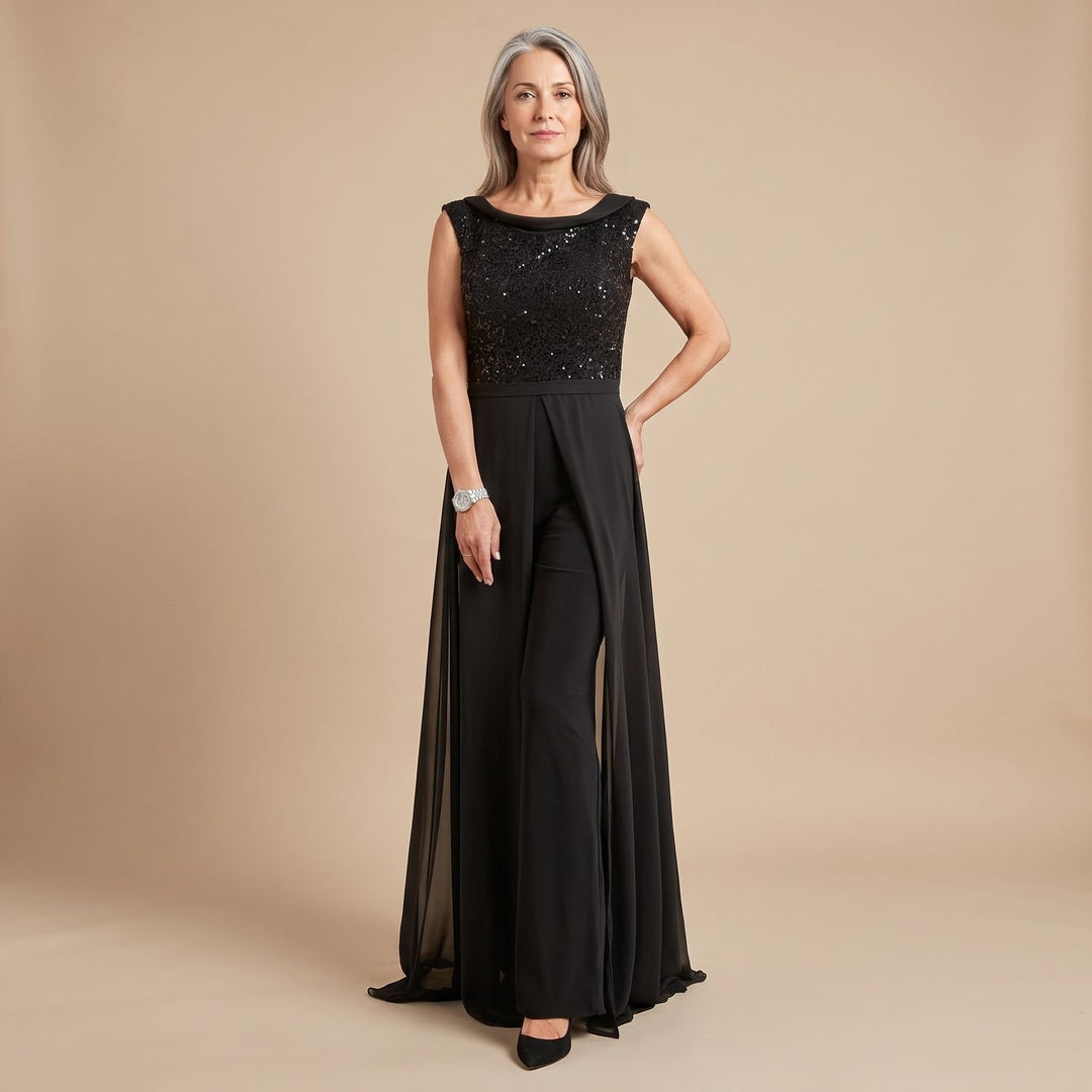 Women's Sequin Bodice Chiffon Overlay Wide-Leg Formal Jumpsuit