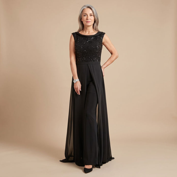 Women's Sequin Bodice Chiffon Overlay Wide-Leg Formal Jumpsuit