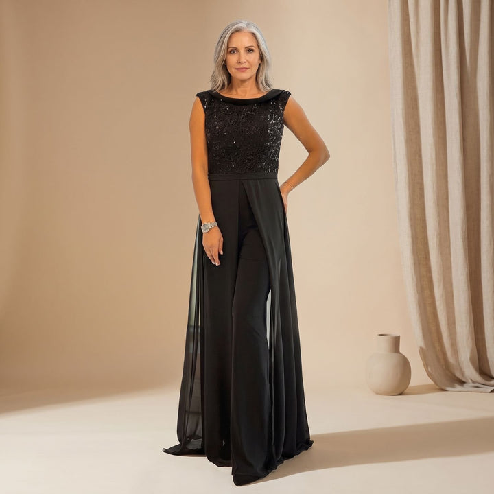 Women's Sequin Bodice Chiffon Overlay Wide-Leg Formal Jumpsuit, Black