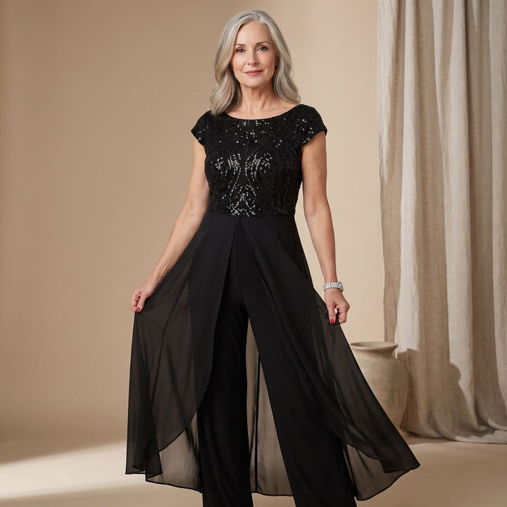 Women's Sequin Bodice Chiffon Overlay Wide-Leg Formal Jumpsuit, Black