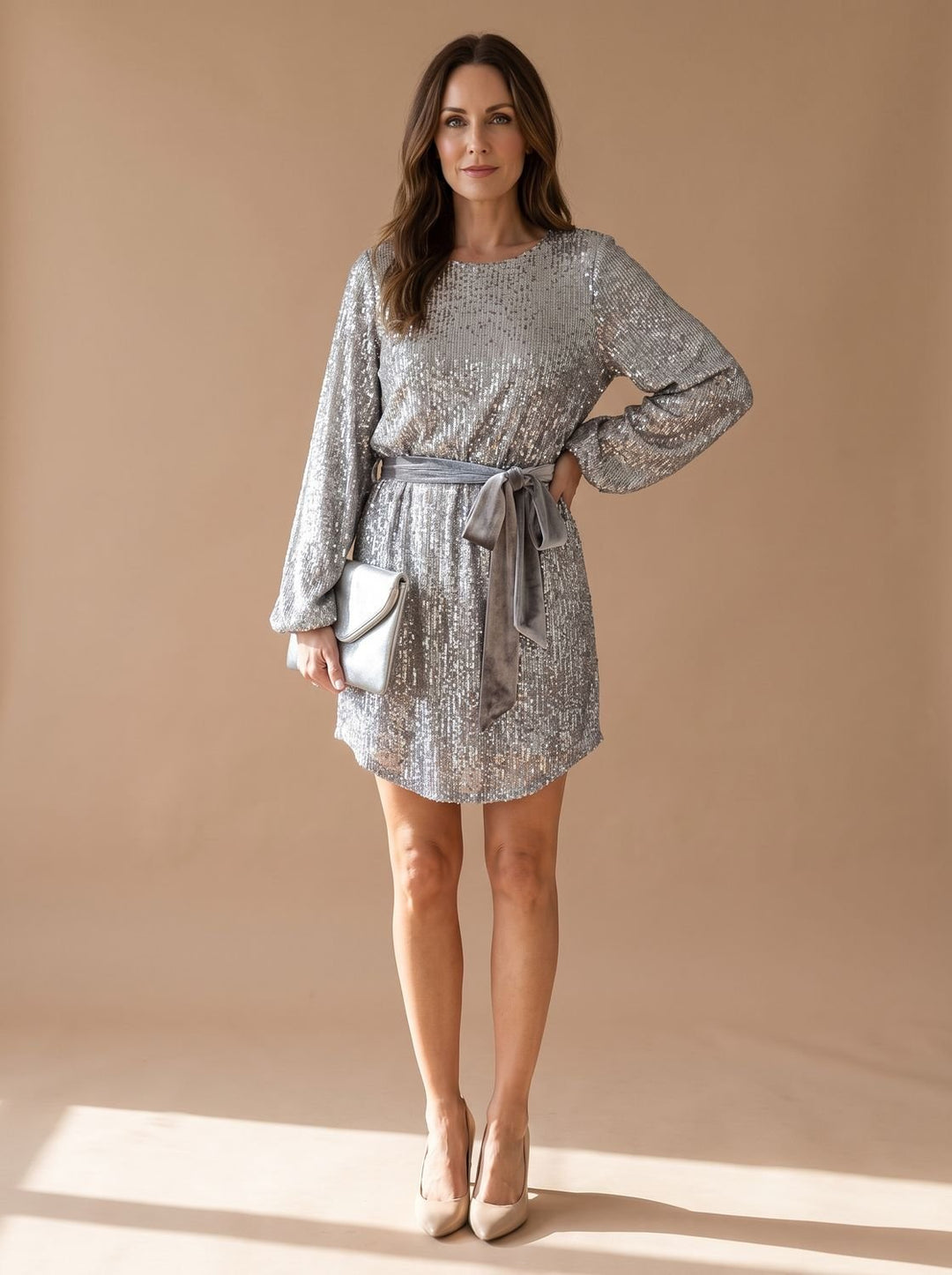 Women's Sequin Christmas Party Dress Balloon-Sleeve Belted Mini - Gray
