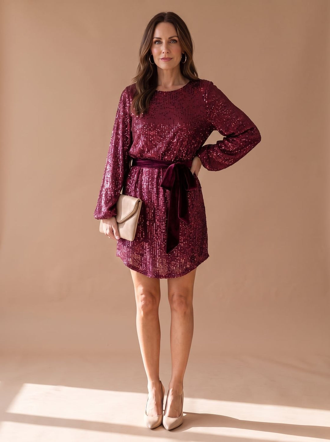 Women's Sequin Christmas Party Dress Balloon-Sleeve Belted Mini - Red