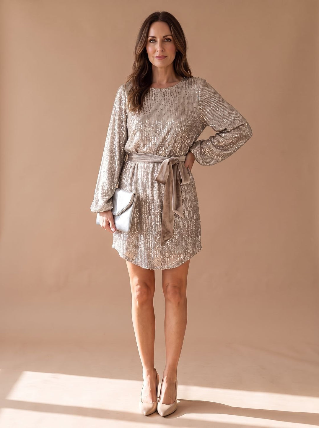 Women's Sequin Christmas Party Dress Balloon-Sleeve Belted Mini - White