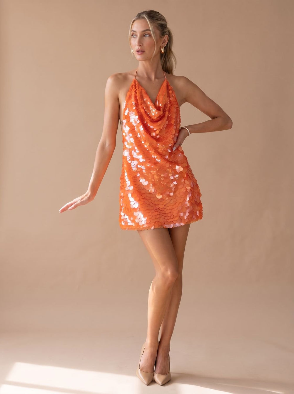 Women's Sequin Cowl-Neck Halter Mini Christmas Party Dress