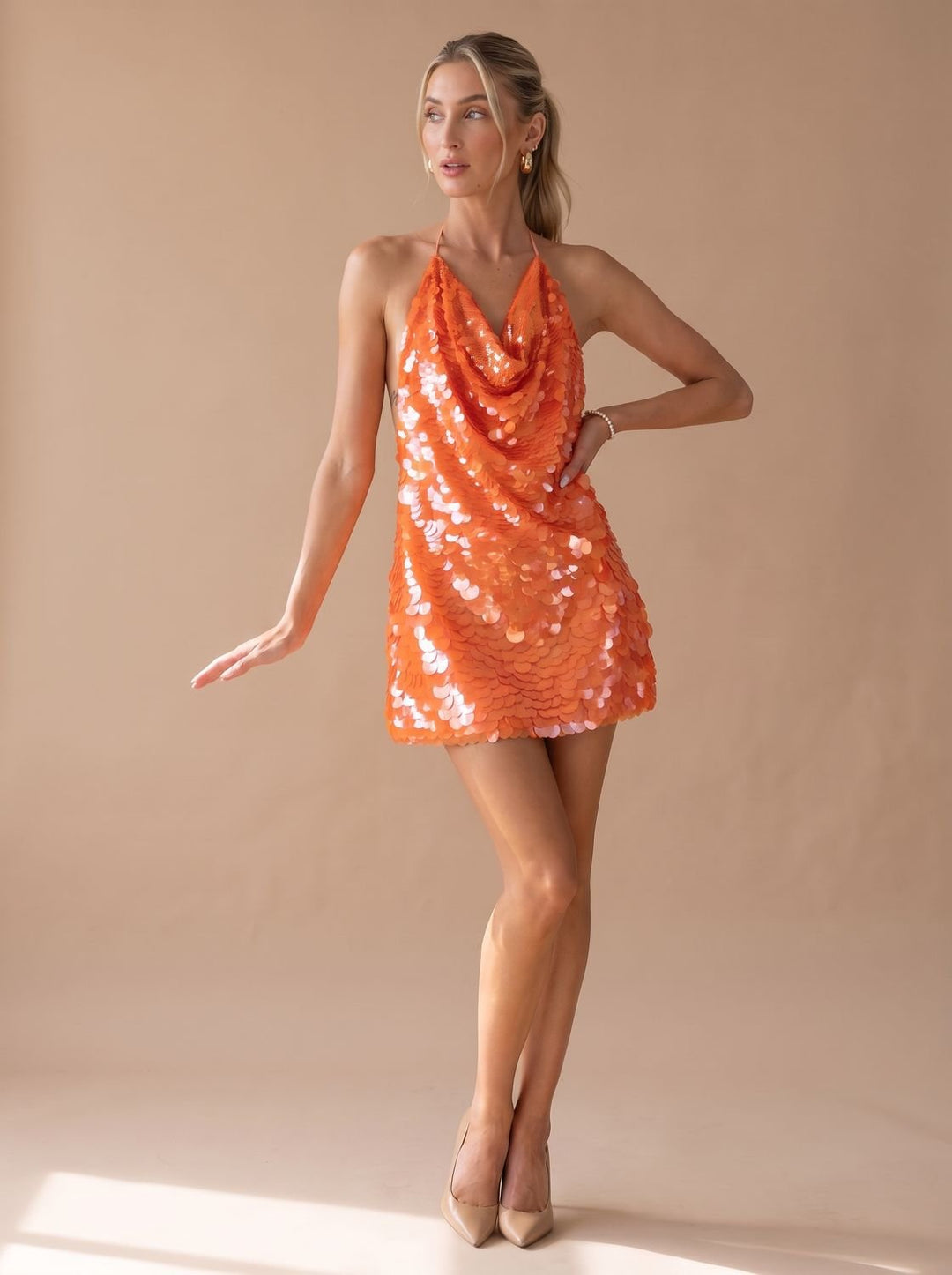 Women's Sequin Cowl-Neck Halter Mini Christmas Party Dress