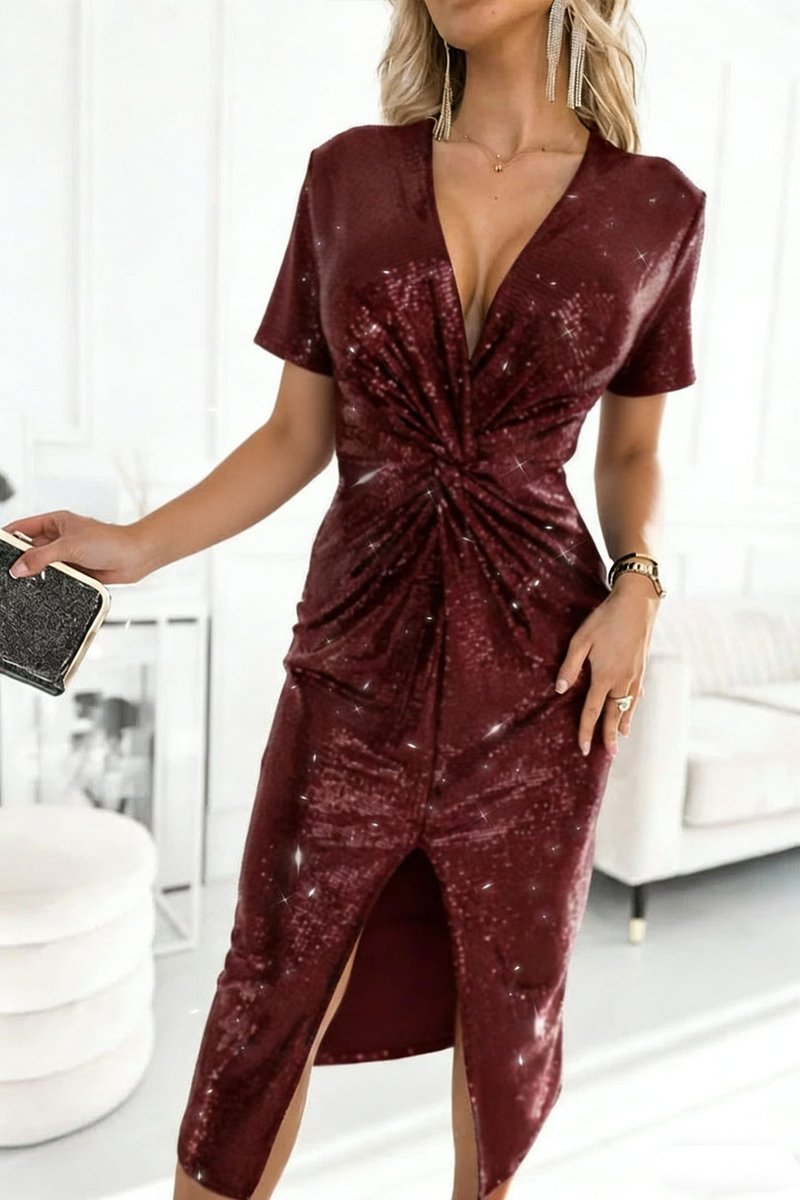 Women's Sequin Deep V-Neck Long Sleeve Cocktail Dress Slit Midi - Bordeaux