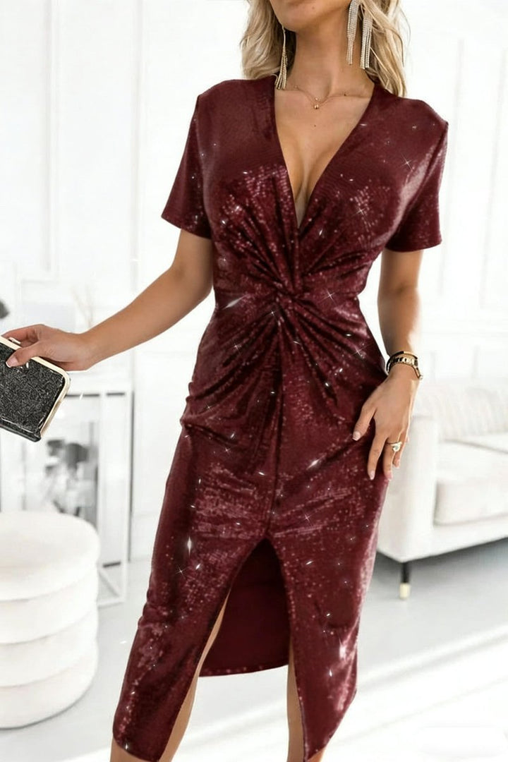 Women's Sequin Deep V-Neck Long Sleeve Cocktail Dress Slit Midi - Bordeaux