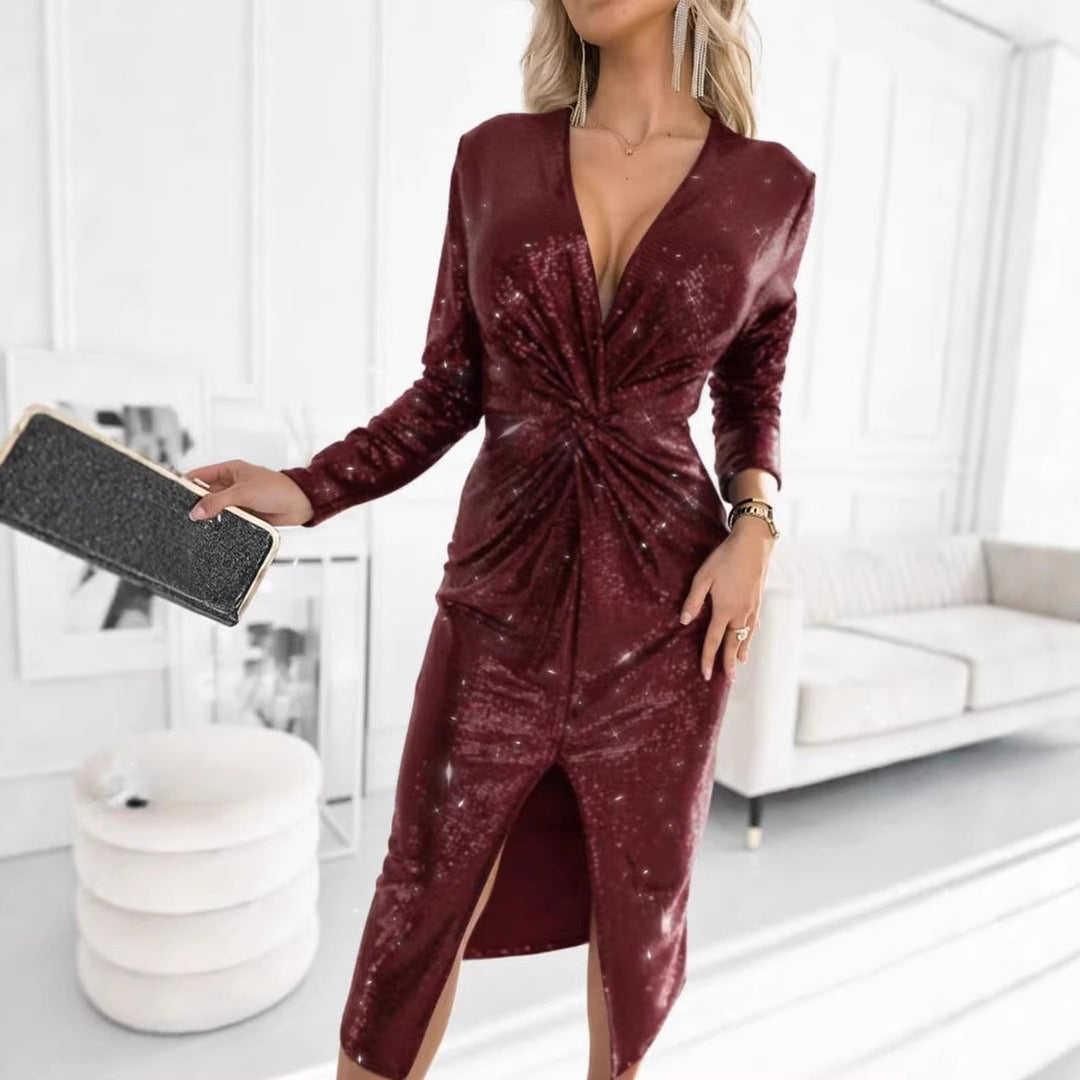 Women's Sequin Deep V-Neck Long Sleeve Cocktail Dress Slit Midi