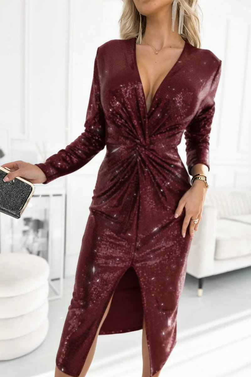 Women's Sequin Deep V-Neck Long Sleeve Cocktail Dress Slit Midi - Red