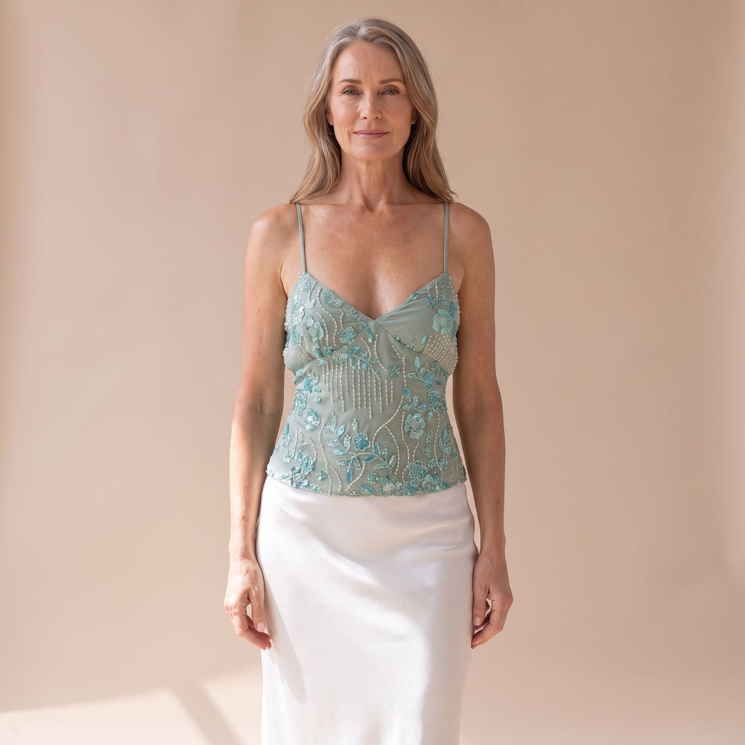 Women's Sequin Embellished Deep V-Neck Spaghetti Strap Cami Top - Mint