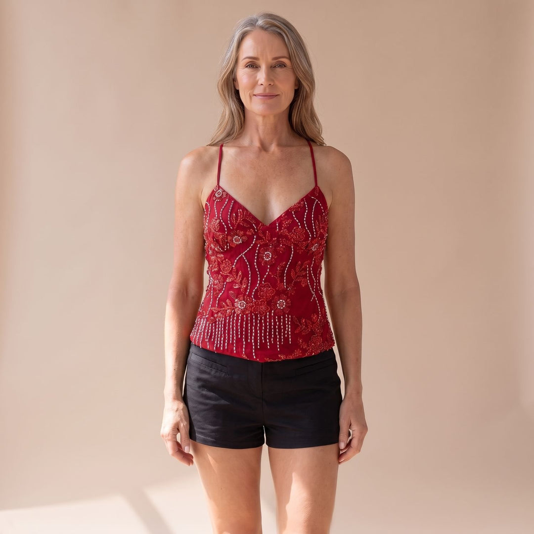 Women's Sequin Embellished Deep V-Neck Spaghetti Strap Cami Top - Red