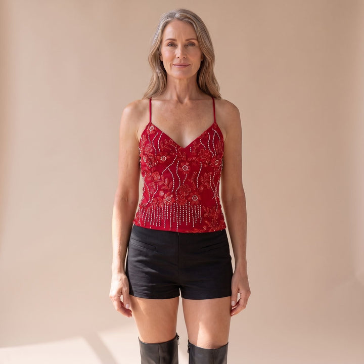 Women's Sequin Embellished Deep V-Neck Spaghetti Strap Cami Top