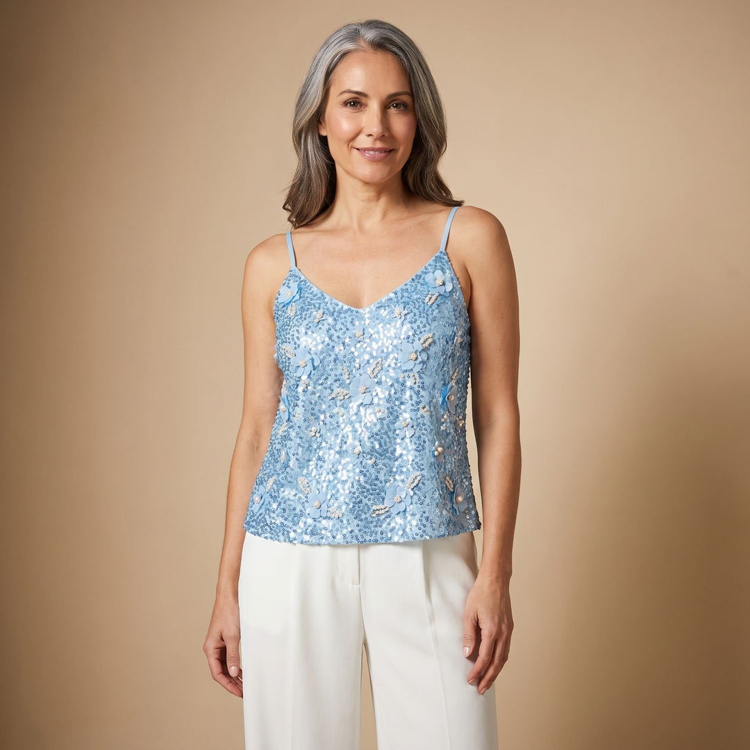 Women's Sequin Embellished Deep V-Neck Spaghetti Strap Cami Top - Blue