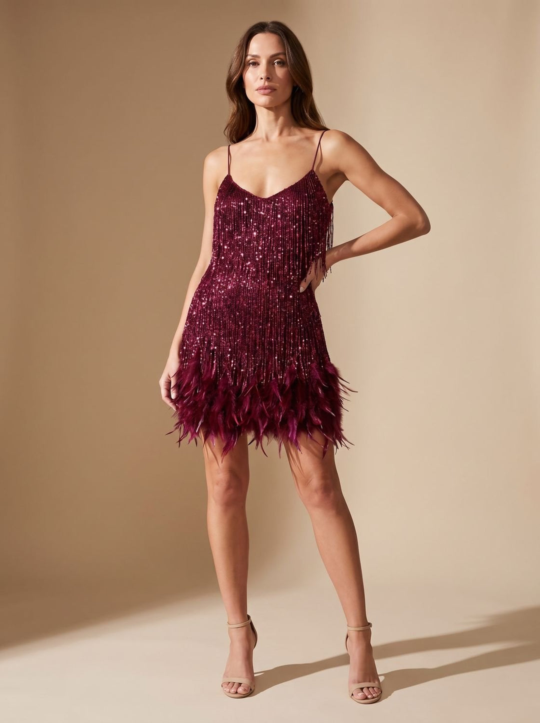 Women's Sequin Feather-Fringe Spaghetti-Strap Formal Mini Dress - Wine Red