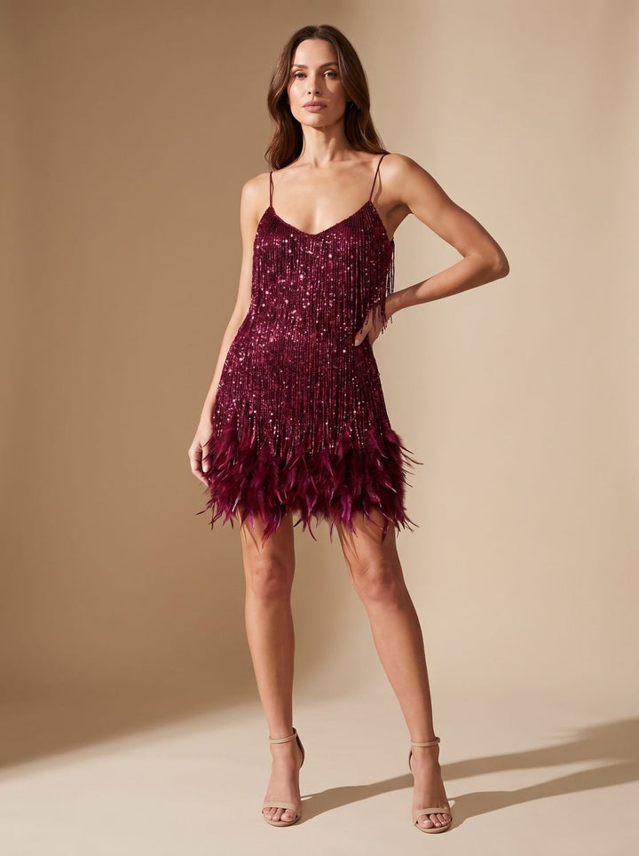 Women's Sequin Feather-Fringe Spaghetti-Strap Formal Mini Dress - Wine Red