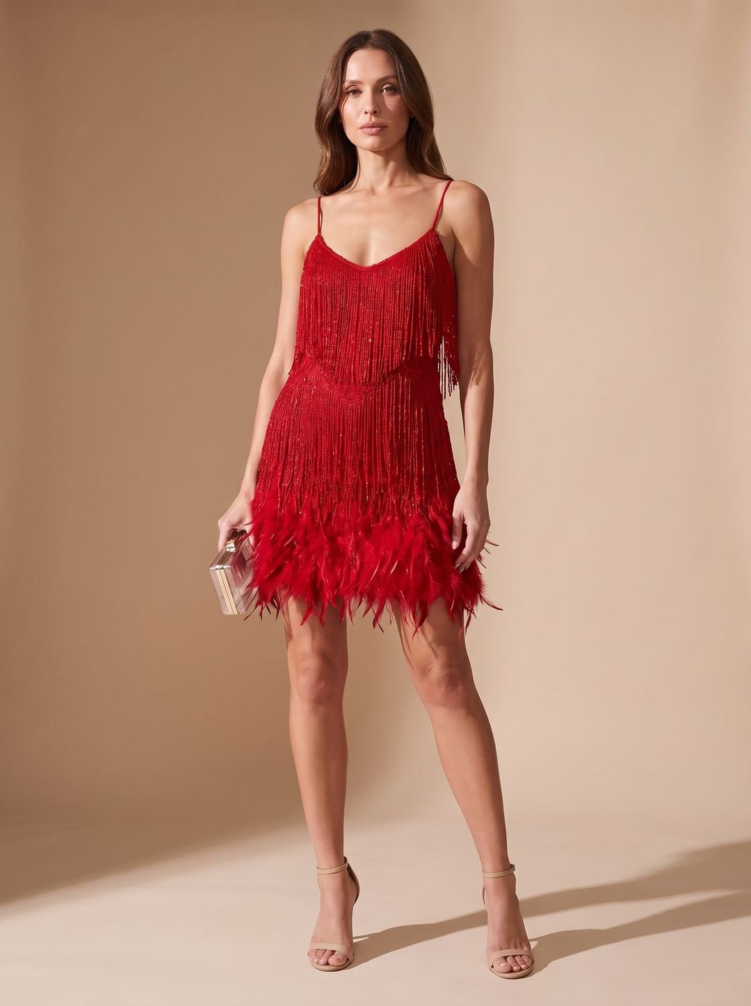 Women's Sequin Feather-Fringe Spaghetti-Strap Formal Mini Dress - Red