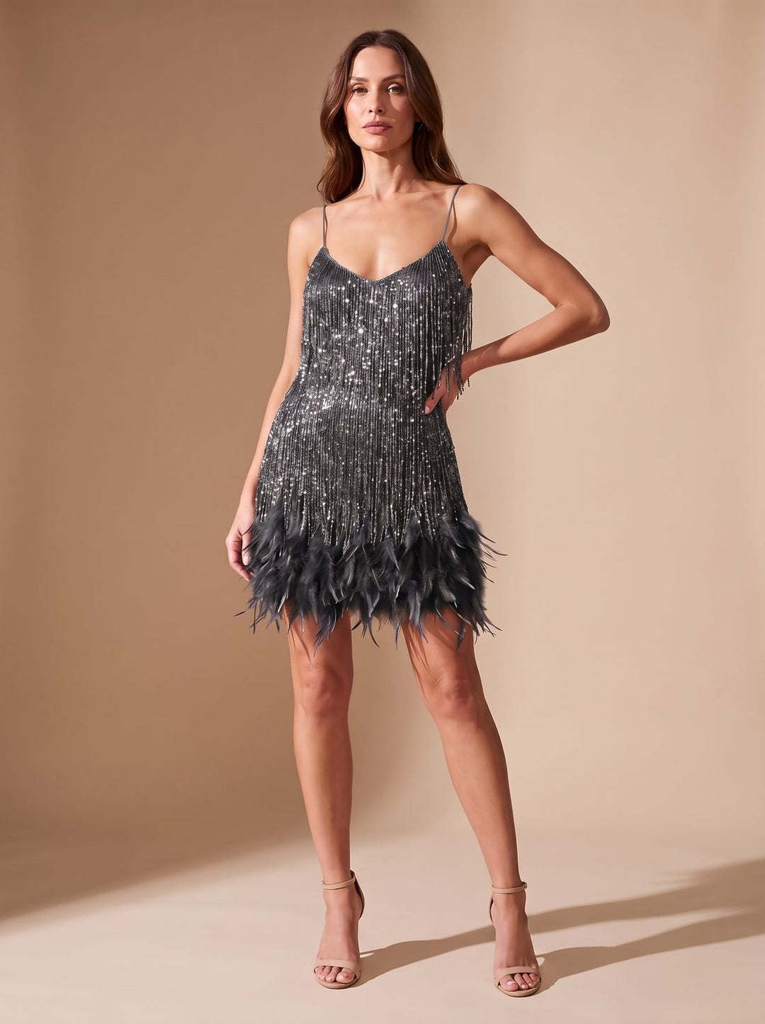 Women's Sequin Feather-Fringe Spaghetti-Strap Formal Mini Dress - Black