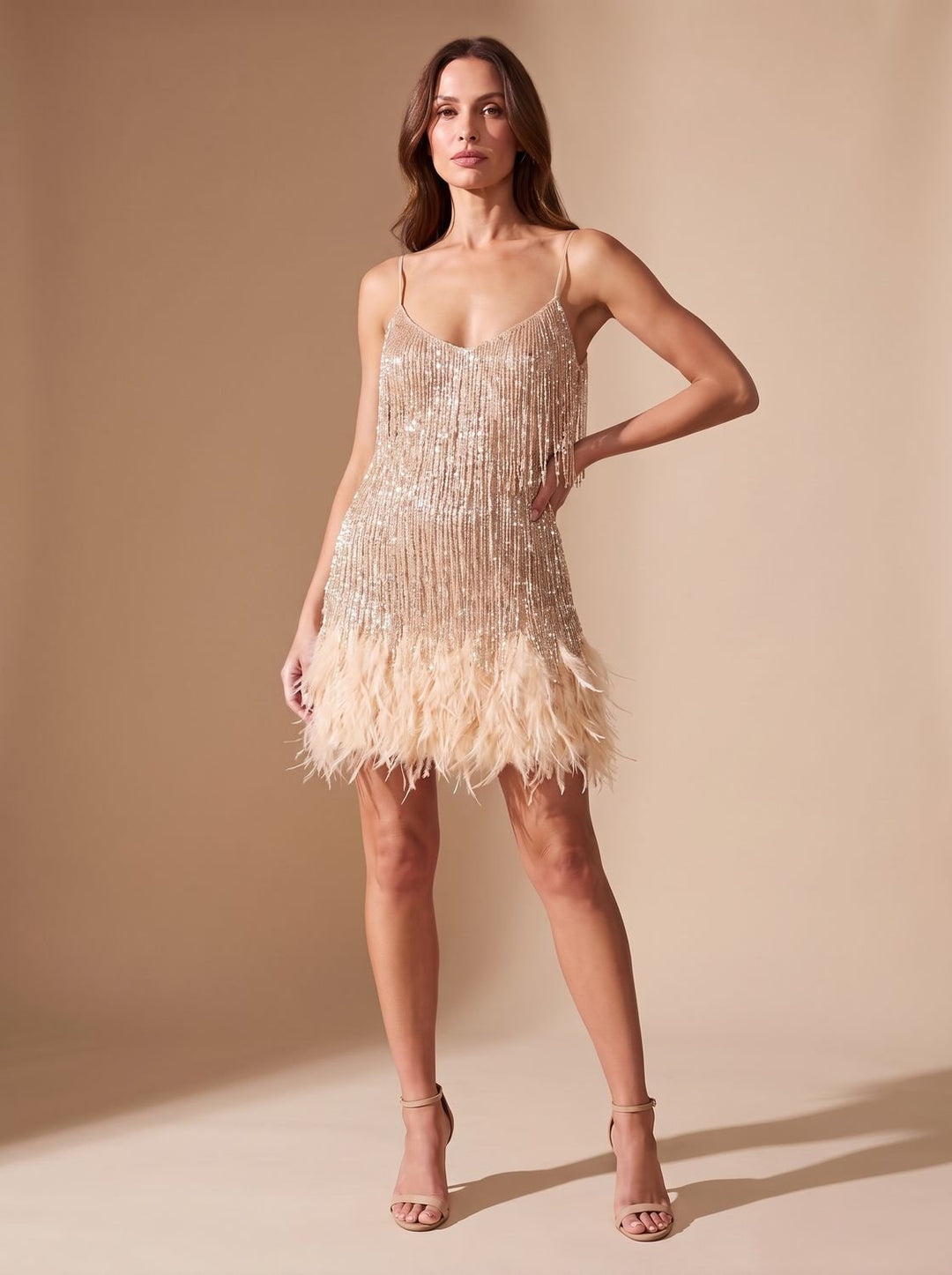 Women's Sequin Feather-Fringe Spaghetti-Strap Formal Mini Dress - Pink Gold