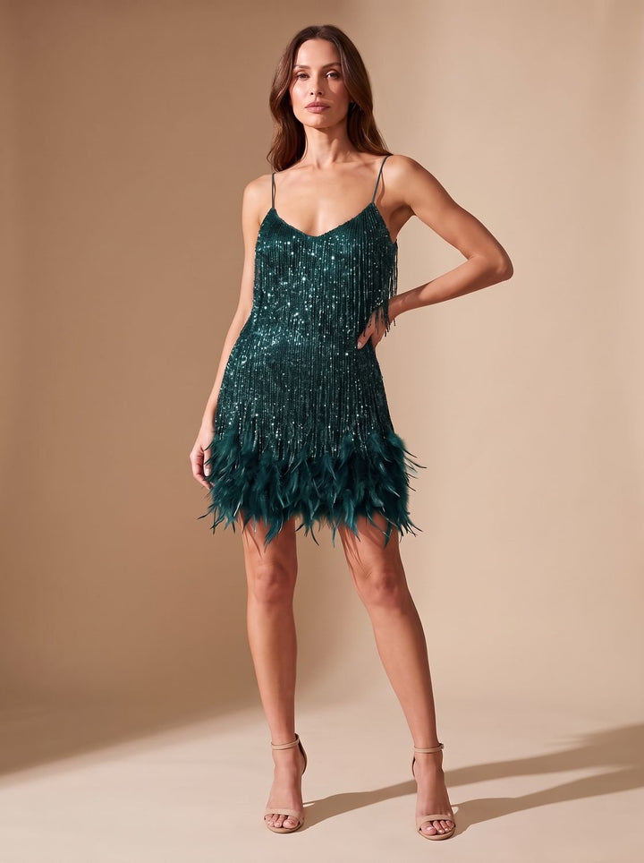 Women's Sequin Feather-Fringe Spaghetti-Strap Formal Mini Dress - Peacock Blue