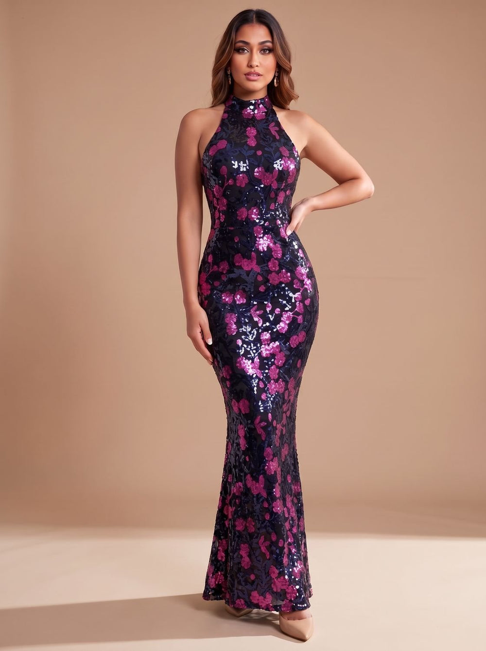 Women's Sequin Floral Halter-Neck Christmas Party Dress Maxi Gown