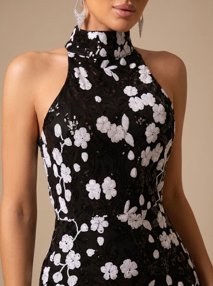 Women's Sequin Floral Halter-Neck Christmas Party Dress Maxi Gown