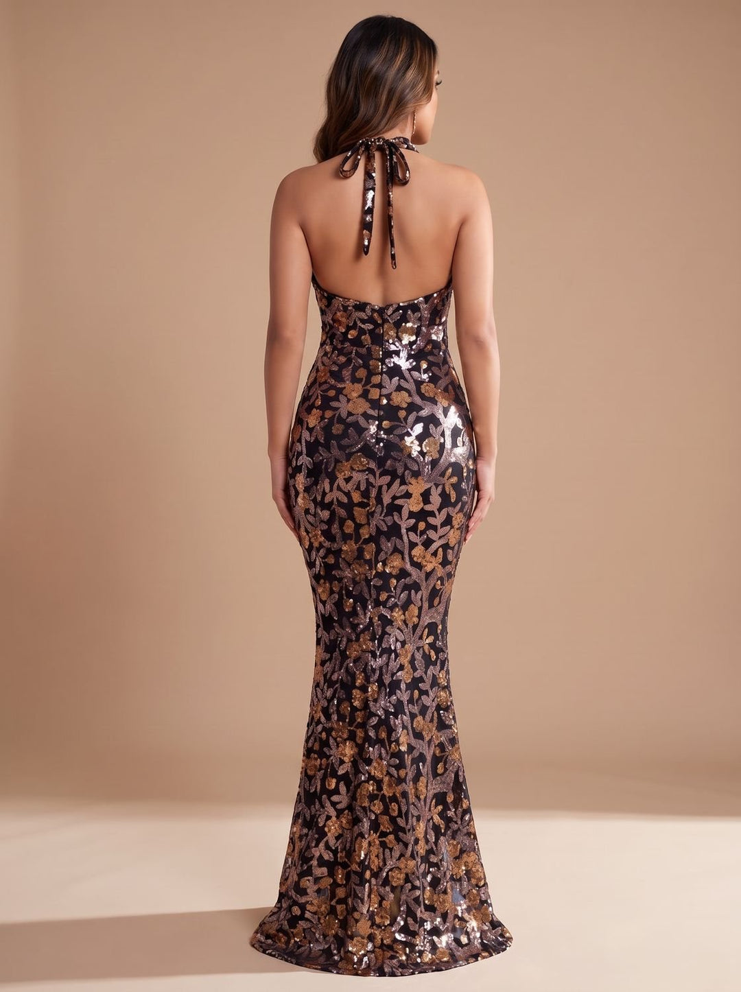 Women's Sequin Floral Halter-Neck Christmas Party Dress Maxi Gown