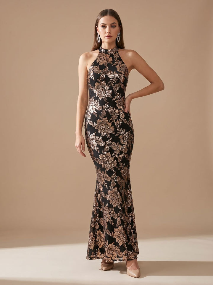 Women's Sequin Floral Halter-Neck Christmas Party Dress Maxi Gown - Gold