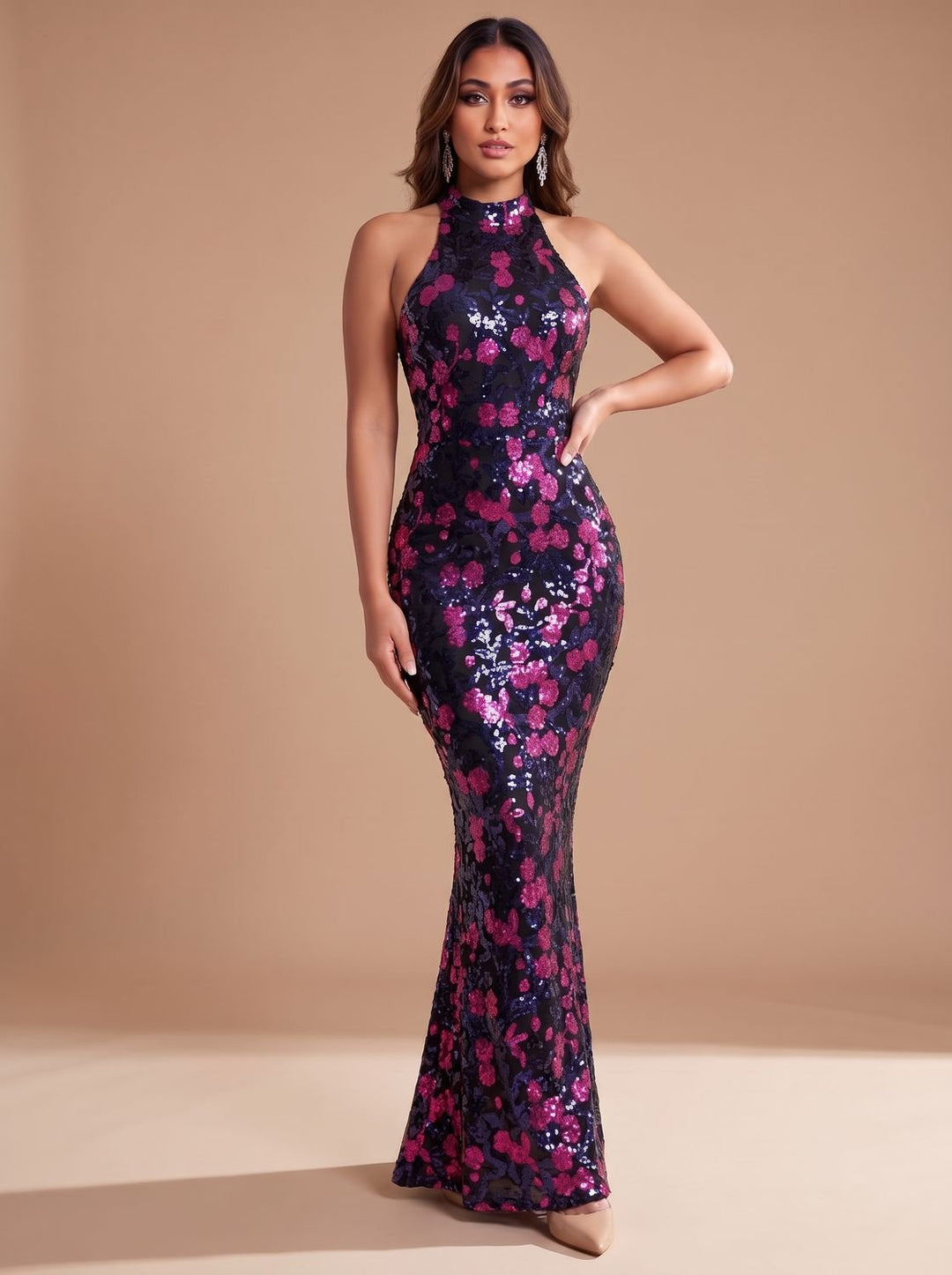 Women's Sequin Floral Halter-Neck Christmas Party Dress Maxi Gown - Purple