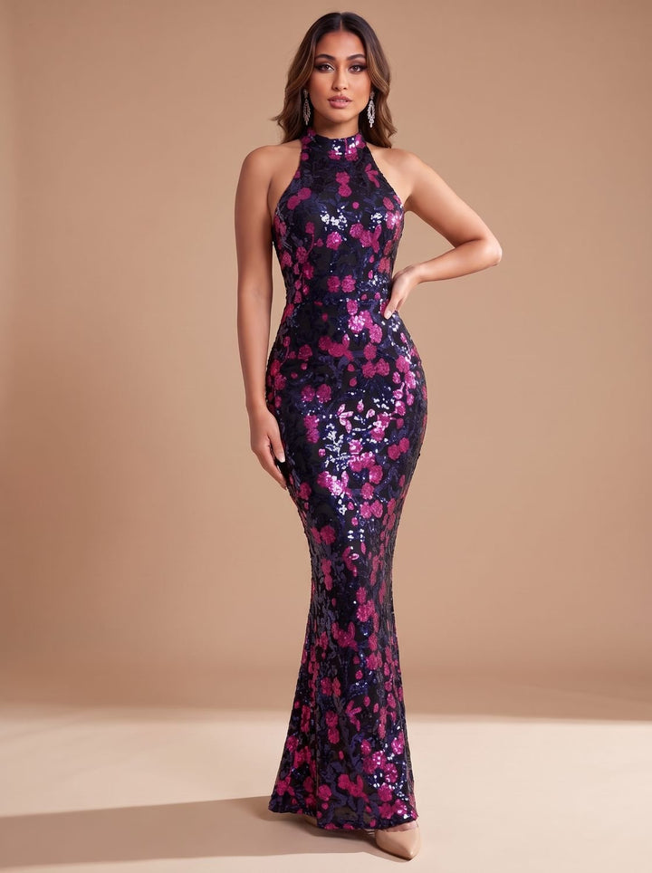 Women's Sequin Floral Halter-Neck Christmas Party Dress Maxi Gown - Purple