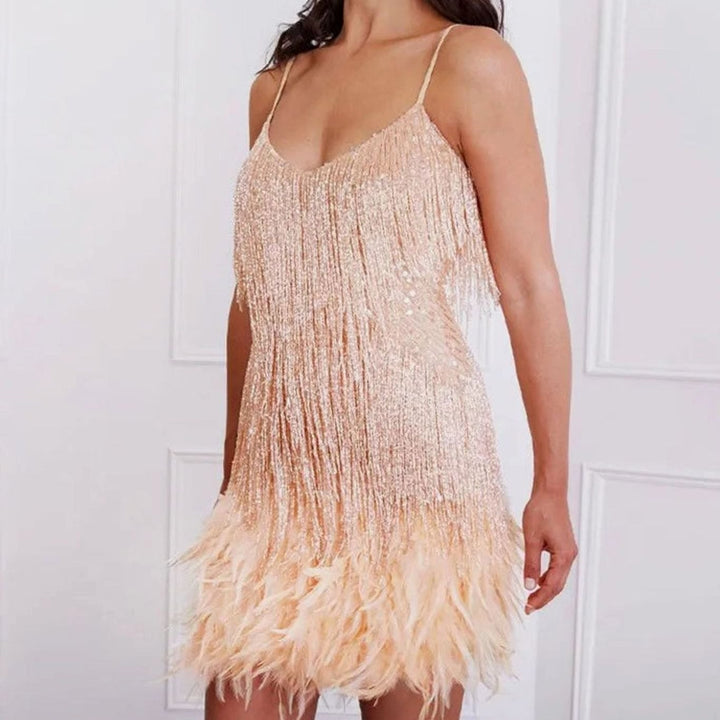 Women's Sequin Fringe Feather Spaghetti Strap Cocktail Dress - Beige