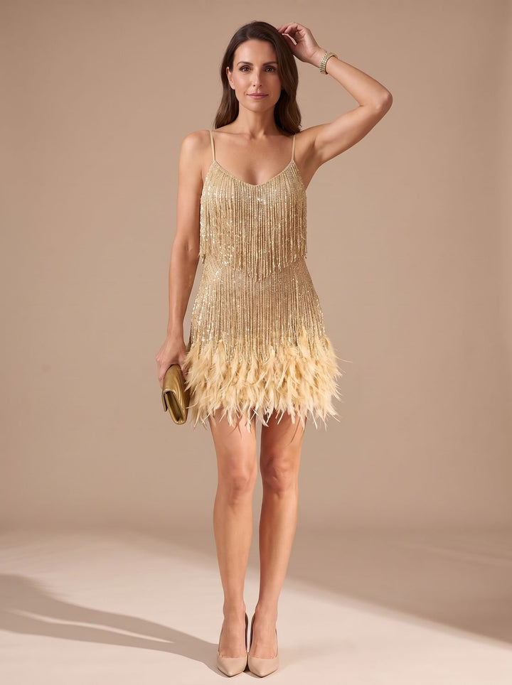 Women's Sequin Fringe Feather-Trim Spaghetti Strap Formal Mini Dress - Gold