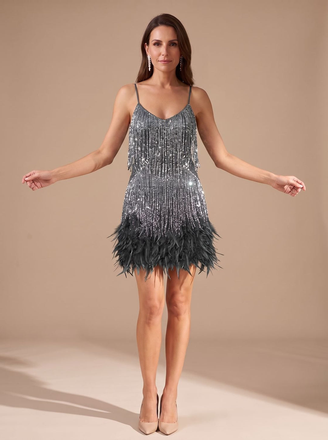 Women's Sequin Fringe Feather-Trim Spaghetti Strap Formal Mini Dress - Black