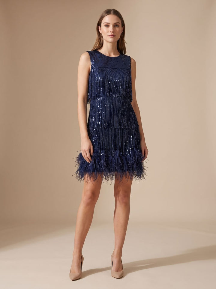 Women's Sequin Fringe Feather-Trim Spaghetti Strap Formal Mini Dress - Dark Blue