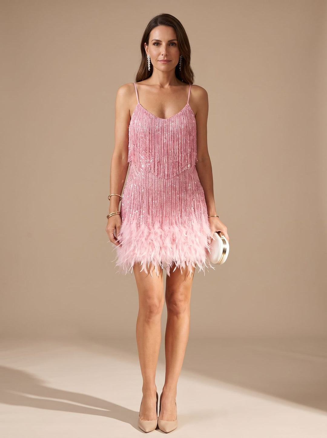 Women's Sequin Fringe Feather-Trim Spaghetti Strap Formal Mini Dress