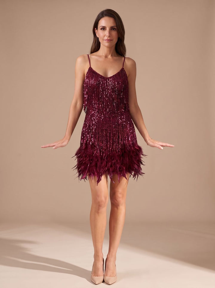 Women's Sequin Fringe Feather-Trim Spaghetti Strap Formal Mini Dress