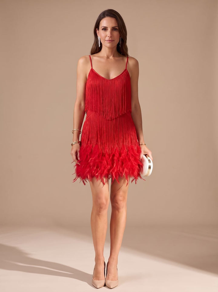 Women's Sequin Fringe Feather-Trim Spaghetti Strap Formal Mini Dress - Red