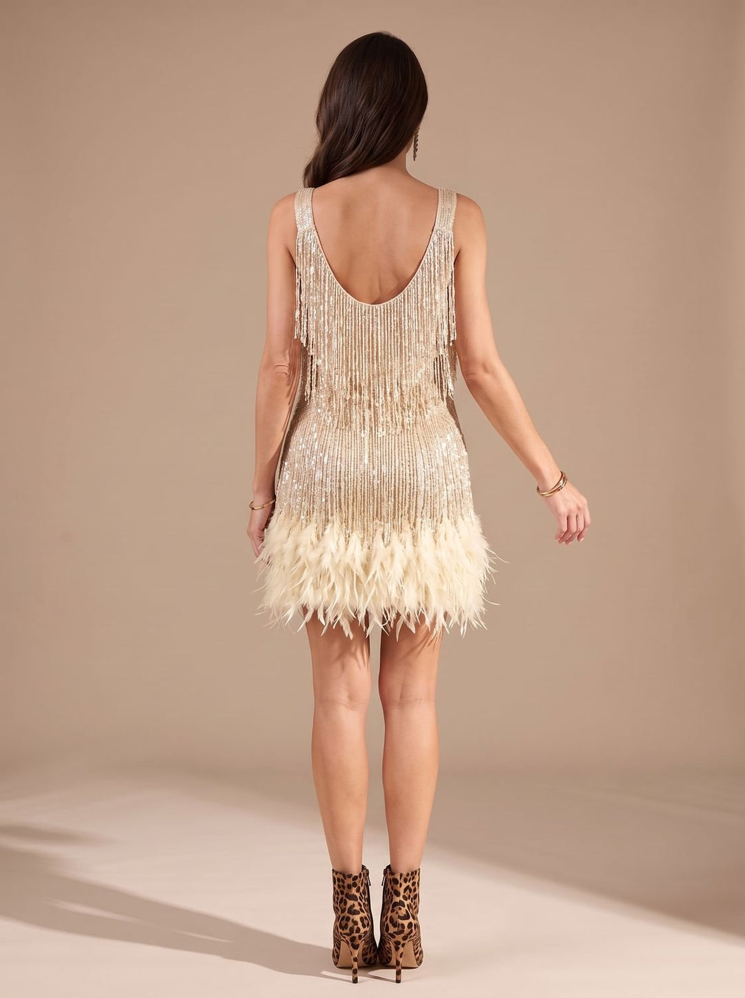 Women's Sequin Fringe Feather-Trim Spaghetti Strap Formal Mini Dress