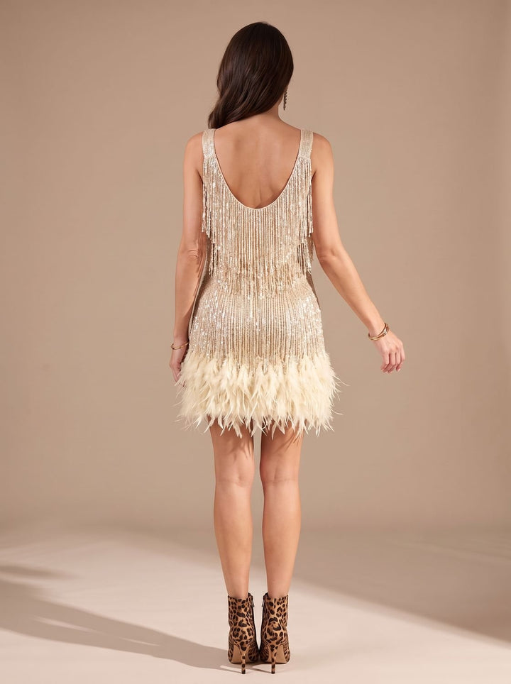 Women's Sequin Fringe Feather-Trim Spaghetti Strap Formal Mini Dress