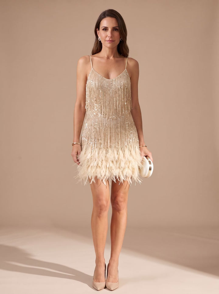 Women's Sequin Fringe Feather-Trim Spaghetti Strap Formal Mini Dress