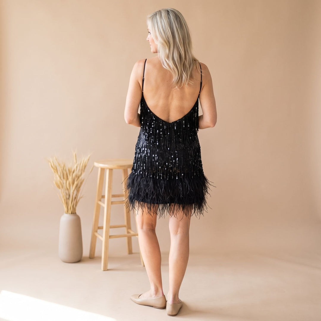 Women's Sequin Fringe Spaghetti-Strap Mini Cocktail Dress