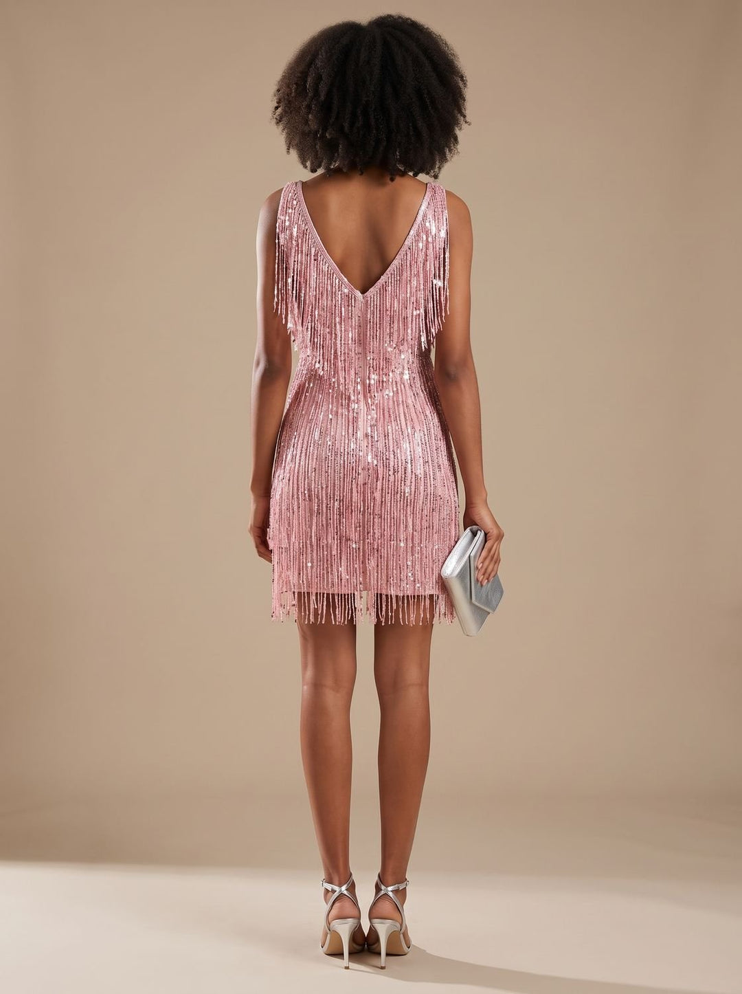 Women's Sequin Fringe V-Neck Christmas Party Mini Dress