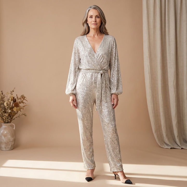 Women's Sequin Full Length Jumpsuit V-Neck Long Sleeve Belted - Champagne Gold