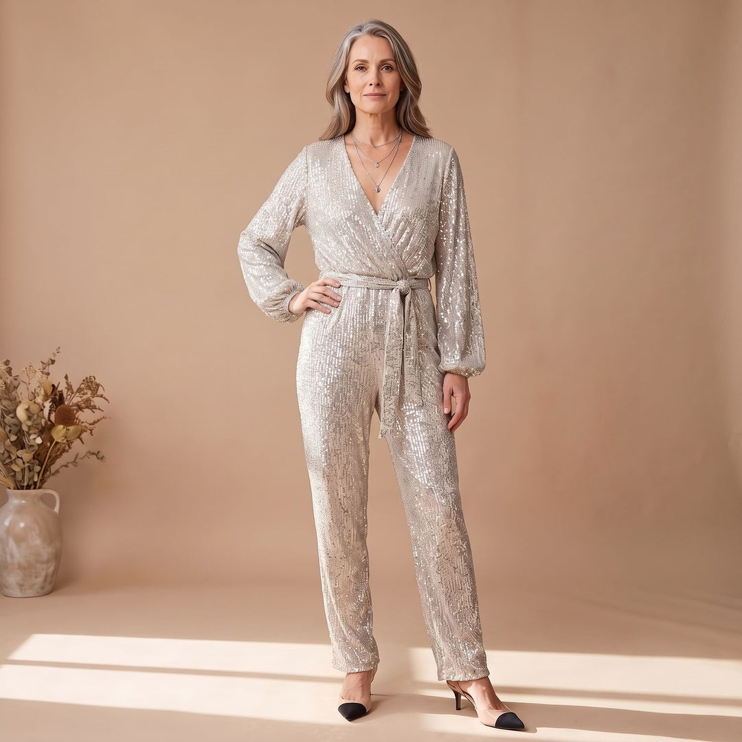 Women's Sequin Full Length Jumpsuit V-Neck Long Sleeve Belted