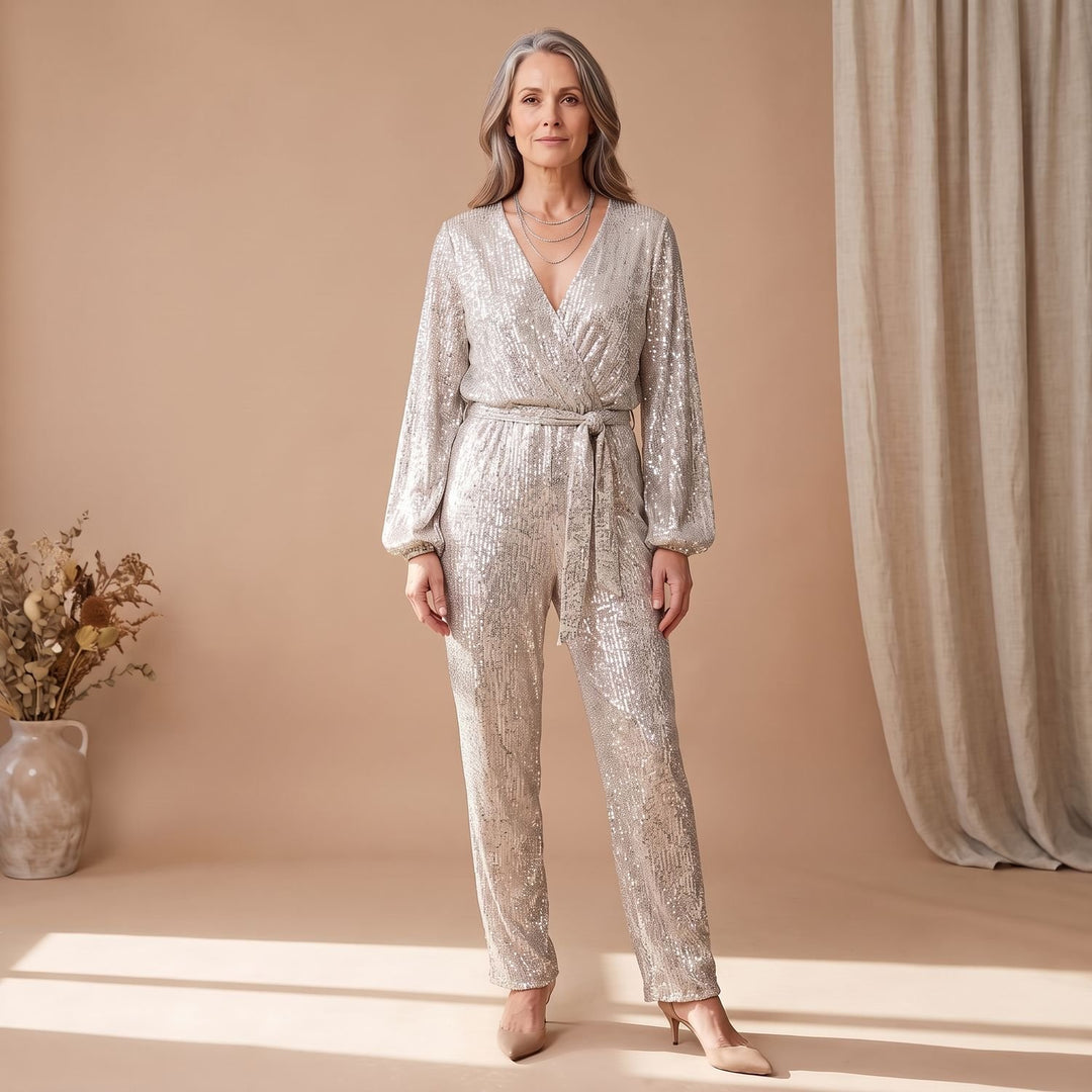 Women's Sequin Full Length Jumpsuit V-Neck Long Sleeve Belted