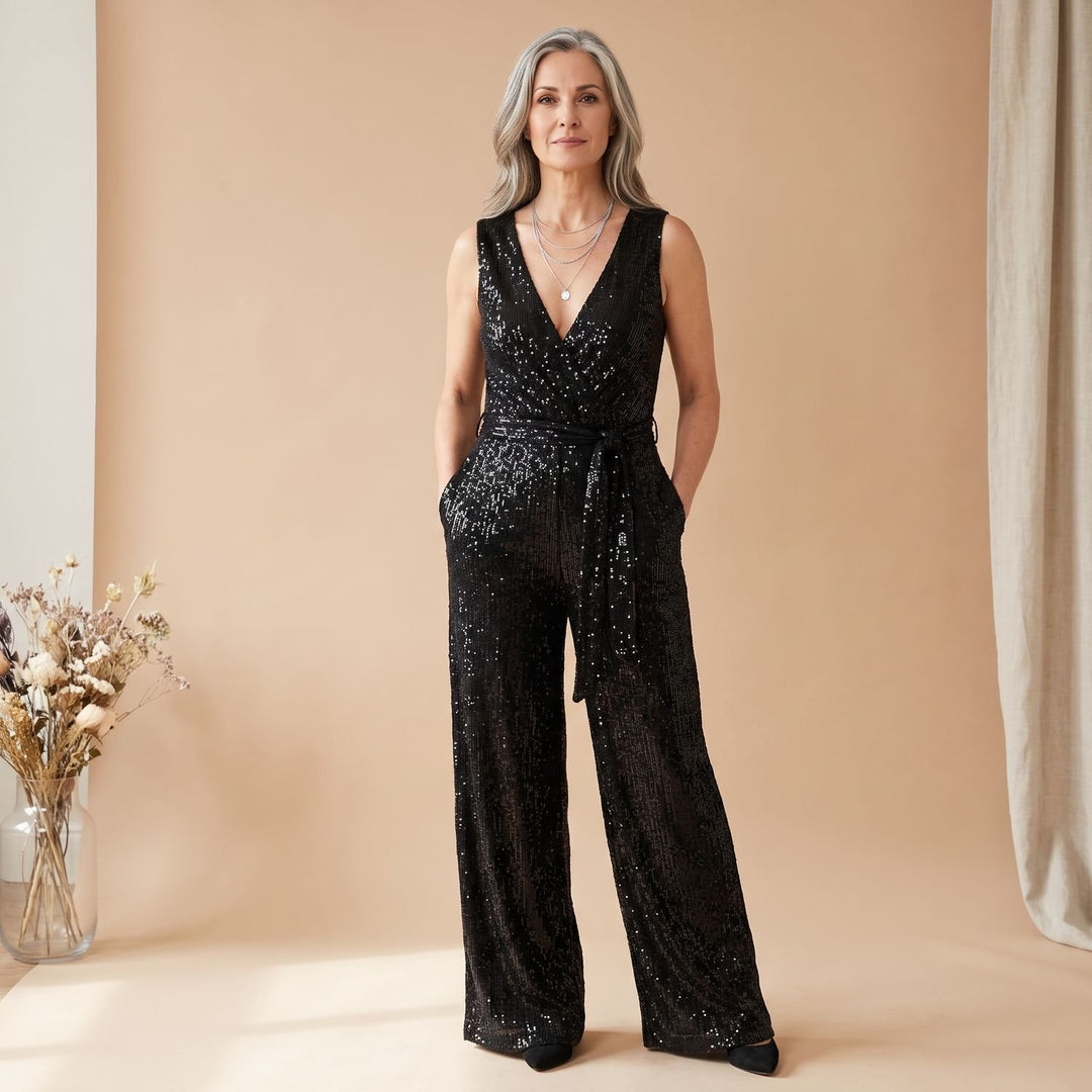 Women's Sequin Full Length Jumpsuit V-Neck Long Sleeve Belted - Black