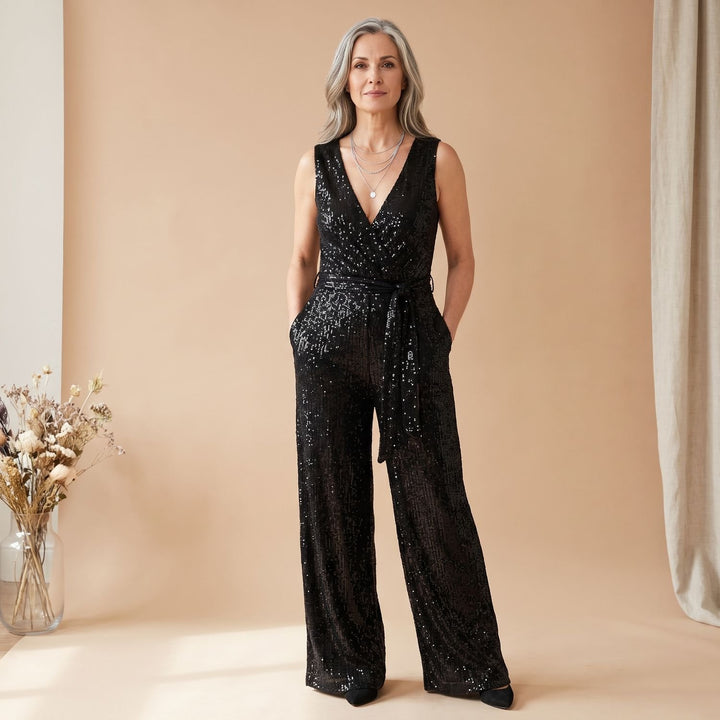 Women's Sequin Full Length Jumpsuit V-Neck Long Sleeve Belted - Black