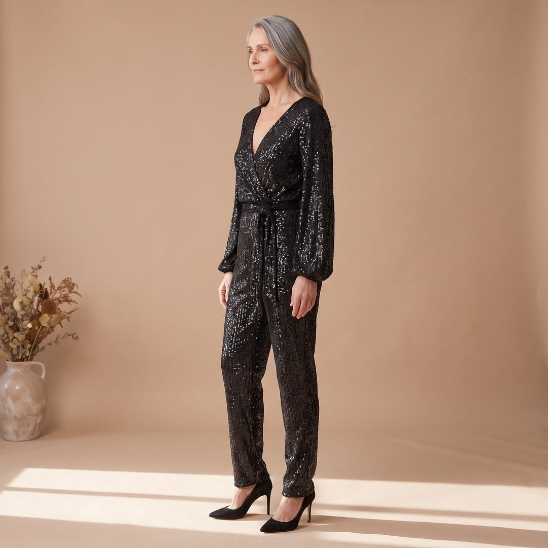 Women's Sequin Full Length Jumpsuit V-Neck Long Sleeve Belted