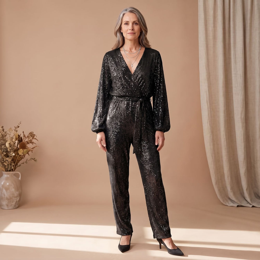 Women's Sequin Full Length Jumpsuit V-Neck Long Sleeve Belted