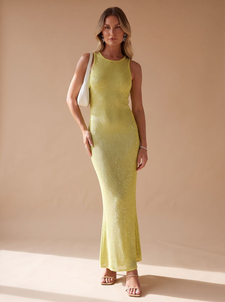 Women's Sequin Maxi Dress Sleeveless Scoop-Neck Body-Con - Yellow