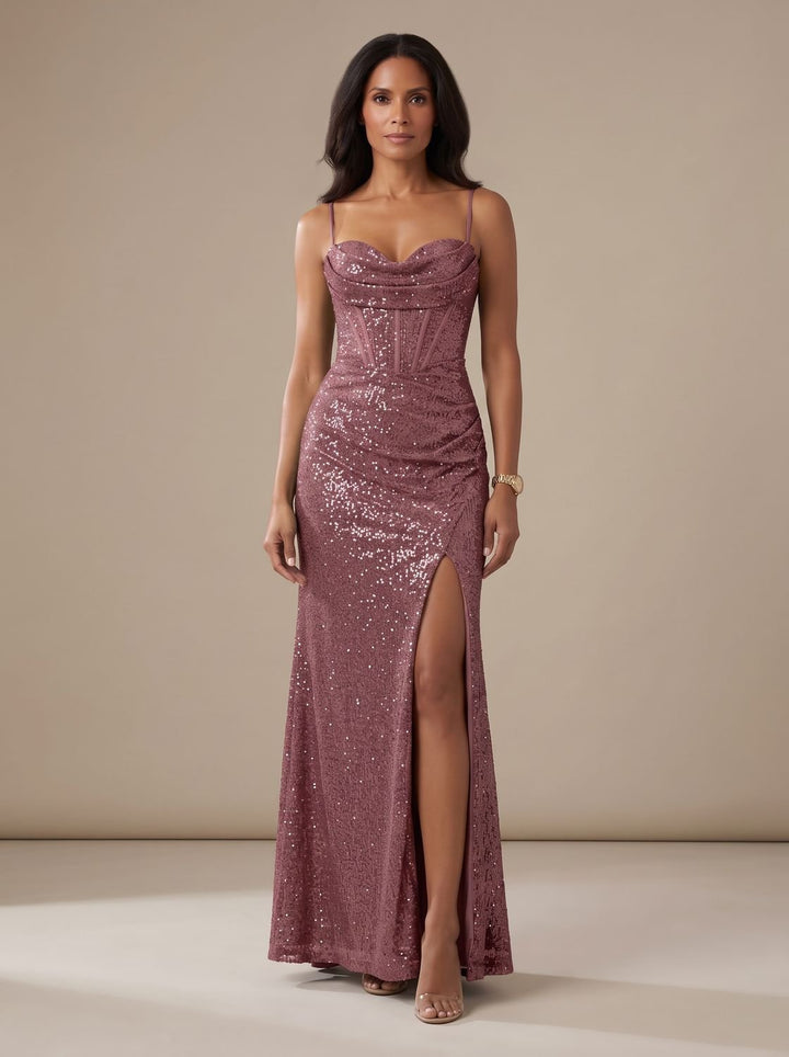 Women's Sequin Maxi Dress Sweetheart Spaghetti-Strap High-Slit Gown - Pink